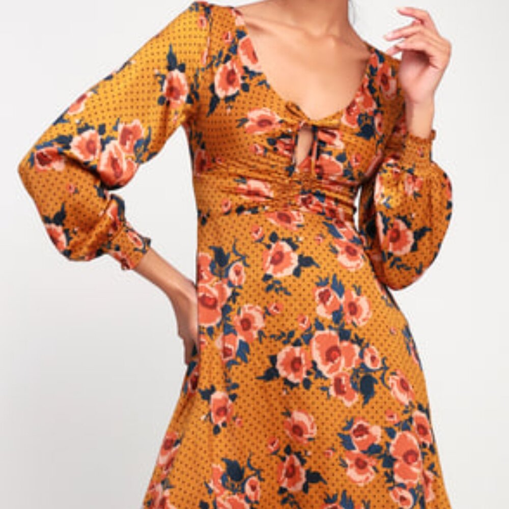 Free People : Morning Light Golden Yellow Print Long Sleeve Mini Dress
